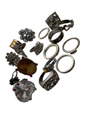 Vintage Costume Jewelry Ring Lot Rhinestone Faux Pearl Mixed Styles Sizes